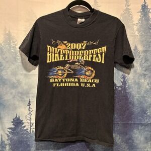 Vintage 2007 Daytona Biketoberfest Graphic Print Black T shirt Men Size Small